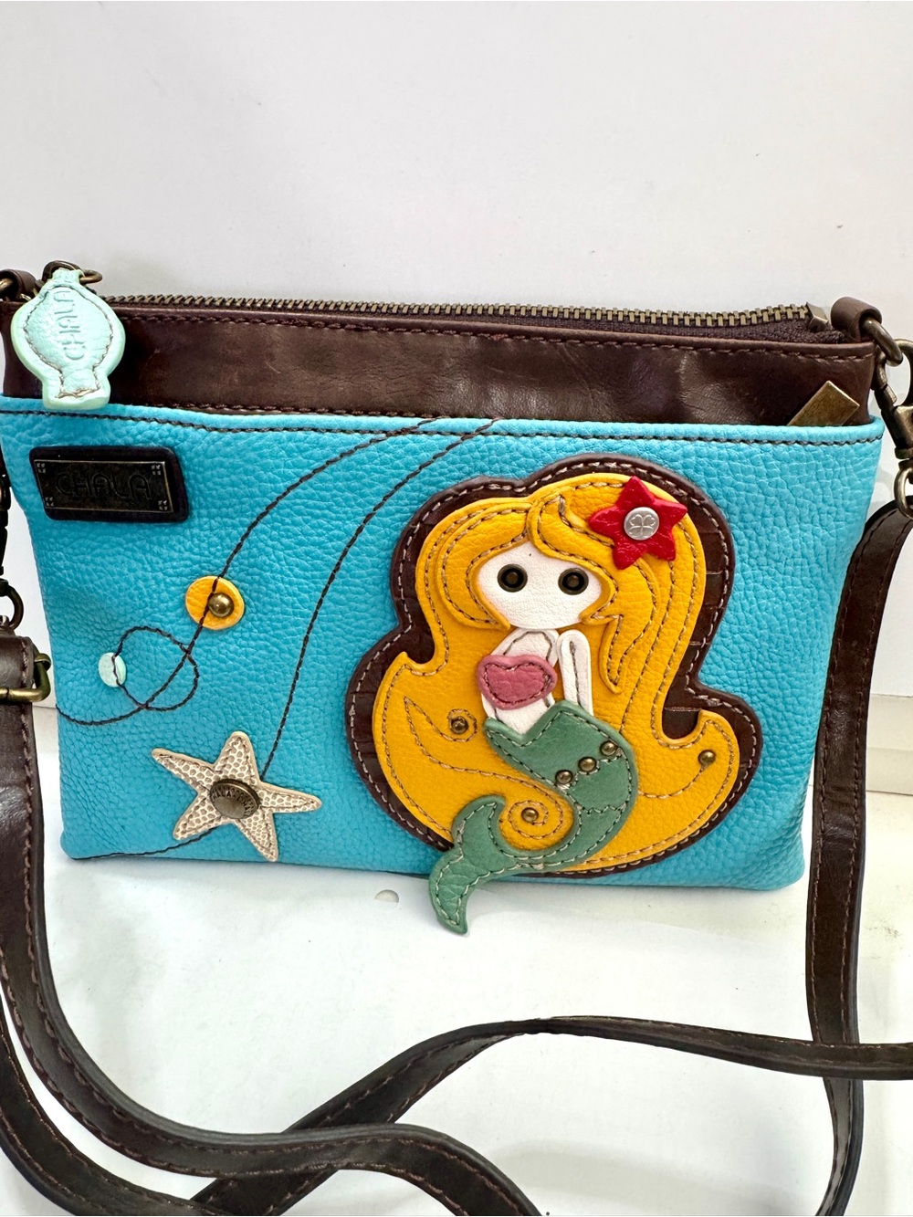 Chala Turquoise Crossbody Bag with Yellow Mermaid Applique and Brown Trim